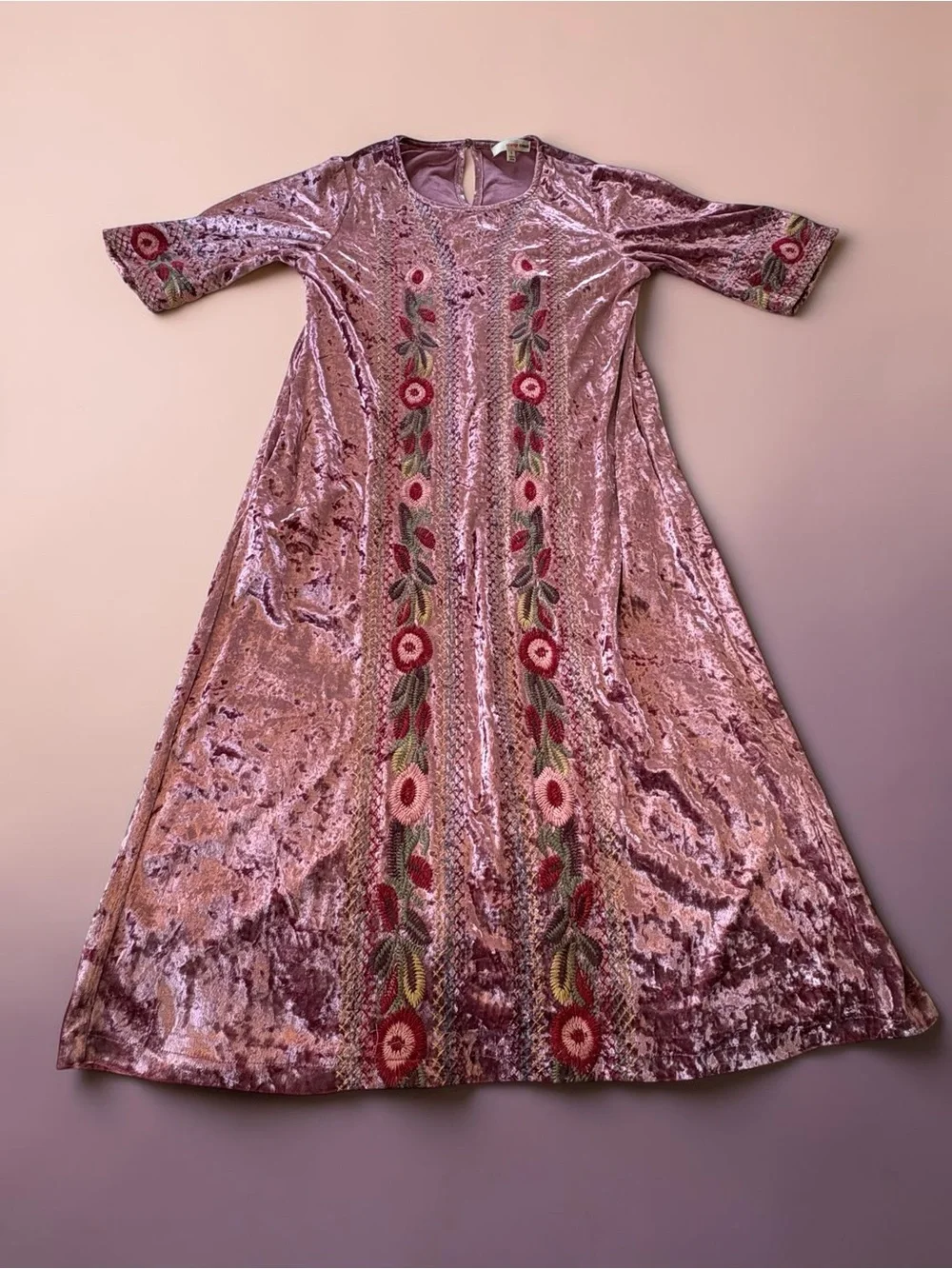 Orange Creek Floral Embroidered Crushed Velvet Dress S Mauve Midi Boho Flapper - Picture 1 of 13